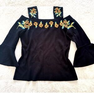 INC Black Off-Shoulder Blouse w/ Embroidered Flowers – M